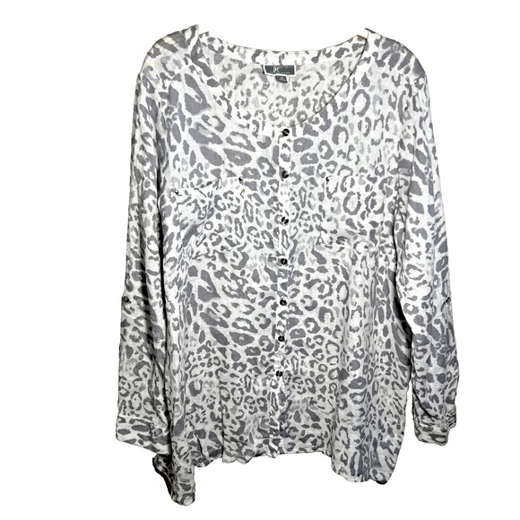 JM Collection Tops - JM Colletion  Womens 14 Gray White Blouse‎ Top Linen Leopard Tunic Lightweight